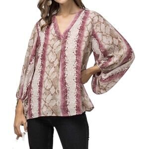 ENTRO Women’s Tunic Top Blouse Pink Snake Print Size M V Neck Balloon Sleeve
